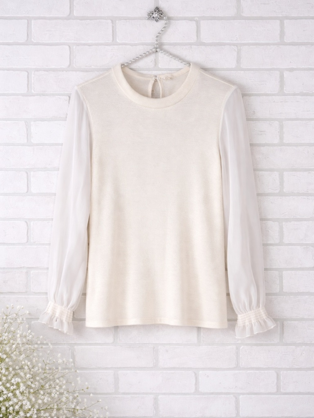 Anthropologie Moth Cream Mixed Media Sheer Sleeve Cashmere Blend Sweater Size M